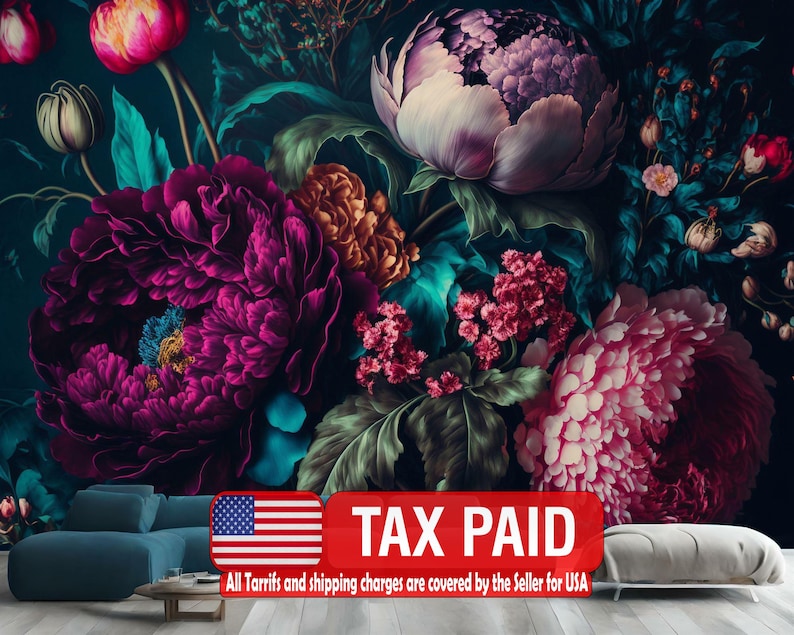 Baroque Peony Wallpaper Mural, Rich Deep Colors