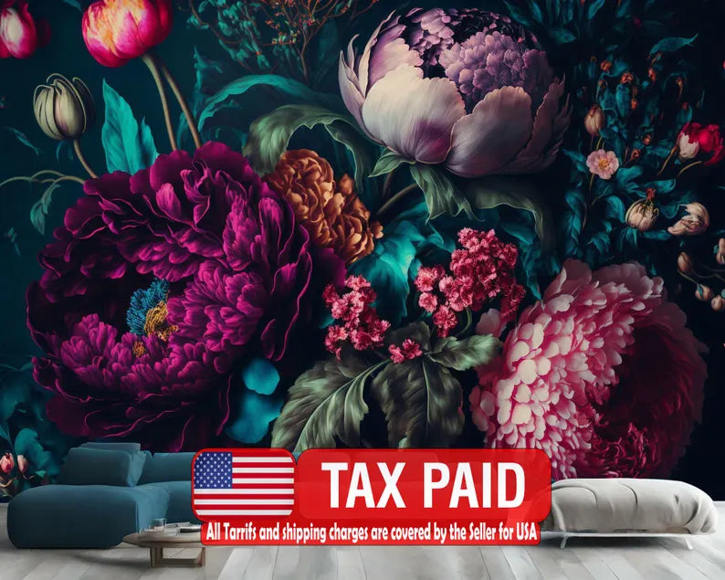 Baroque peony wallpaper mural featuring large pink and cream flowers with ornate vintage detailing