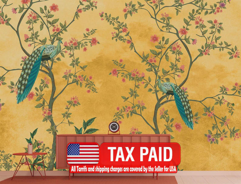 Chinoiserie Peacock Floral Wall Mural Art Print