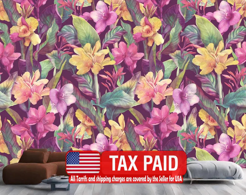 Tropical Flowers Wallpaper Mural, Watercolor Floral Wall Decal