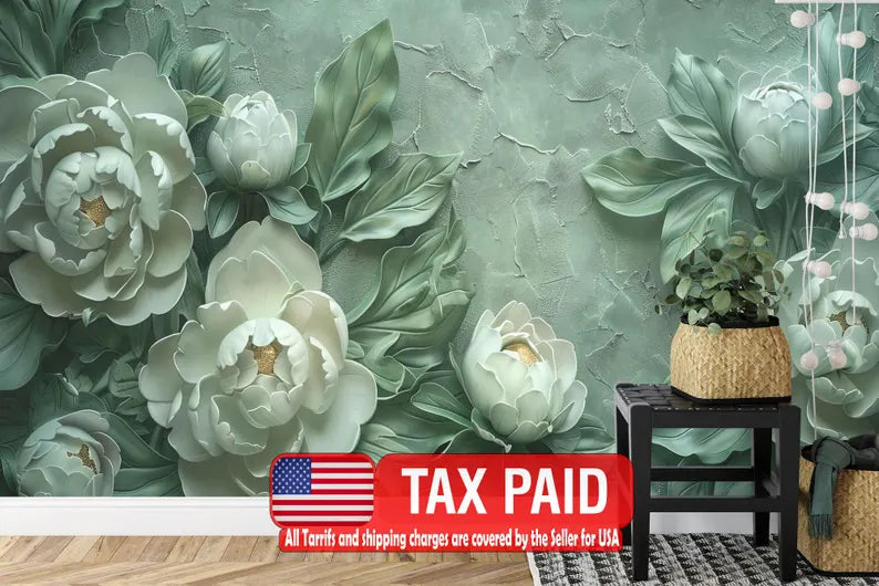 Green Peony Floral Art Mural, Plasterwork Wall Decor