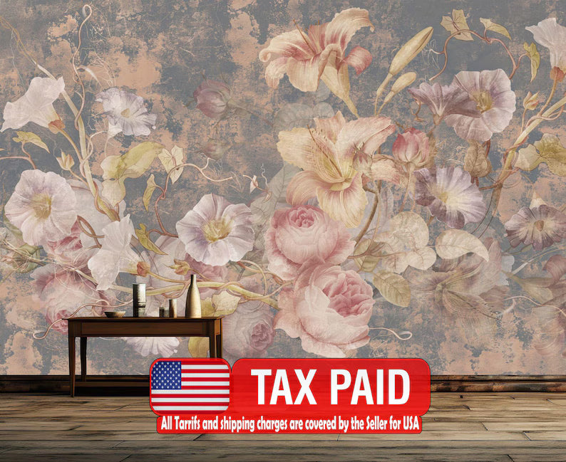 Floral Baroque Grunge Wallpaper Mural, Aged Concrete Art