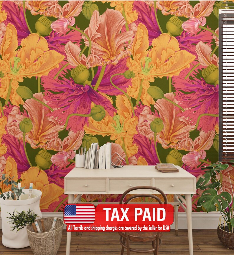 Floral Art Print Wallpaper Mural, Colorful Tulips wallpaper mural showing the full design clearly for modern interior wall d