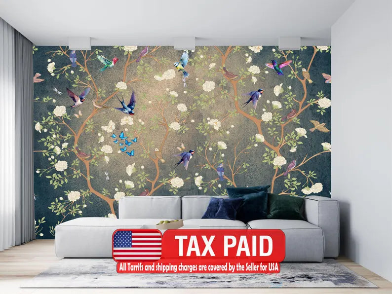 Chinoiserie Flowers Birds Wallpaper Mural, Vintage Art Print