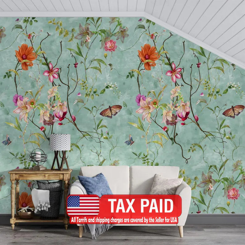Floral Butterfly Wallpaper Mural, Peel and Stick Decal wallpaper mural showing the full design clearly for modern interior w
