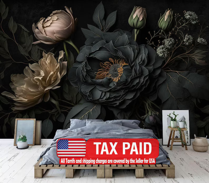 Black Floral Wall Mural, Photorealistic Blooming Flowers