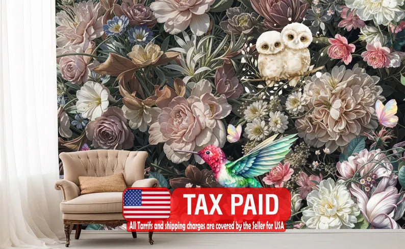 Baroque Peonies Wallpaper Mural, Rich Floral Wall Decal wallpaper mural showing the full design clearly for modern interior 