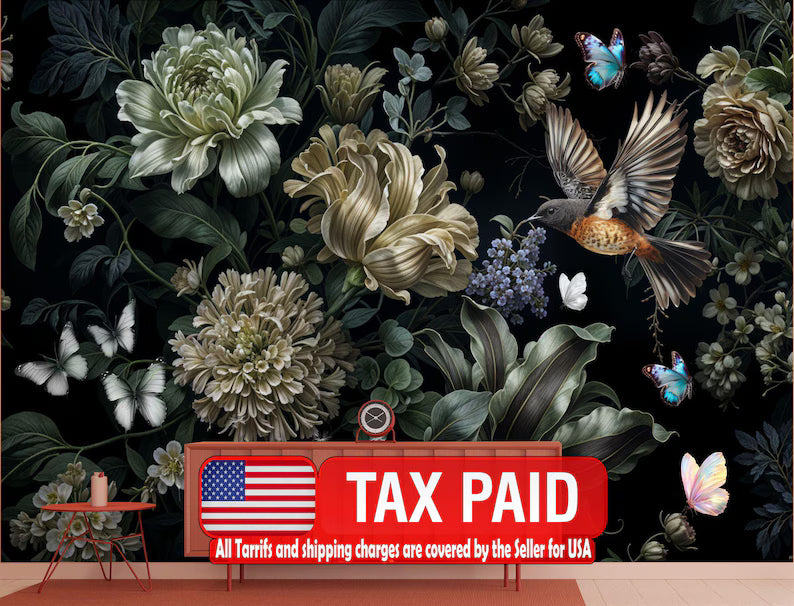 Baroque Floral Mural, Rich Peonies, Easy-Install Gift