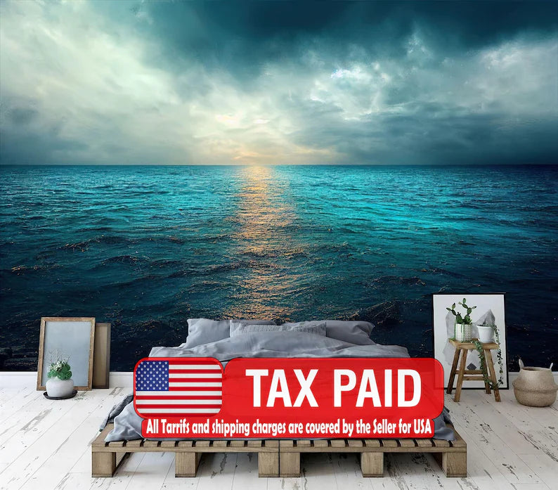 Ocean View Wall Mural, Calm Cloudy Seascape