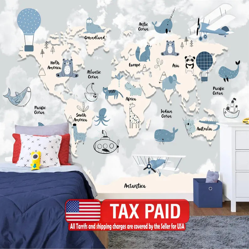 Animal World Map Wallpaper Mural - Kids Room Decor