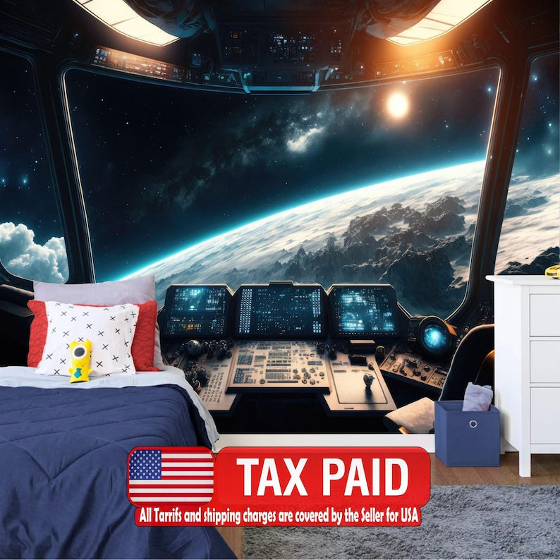 Spaceship Window Wall Mural, Stars Astronomy Kids Room