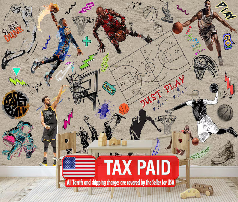 Graffiti Basketball Mural: Urban Gym Decor