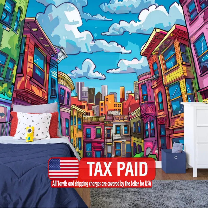 Cartoon Cityscape Wallpaper Mural, Kids Room Decor
