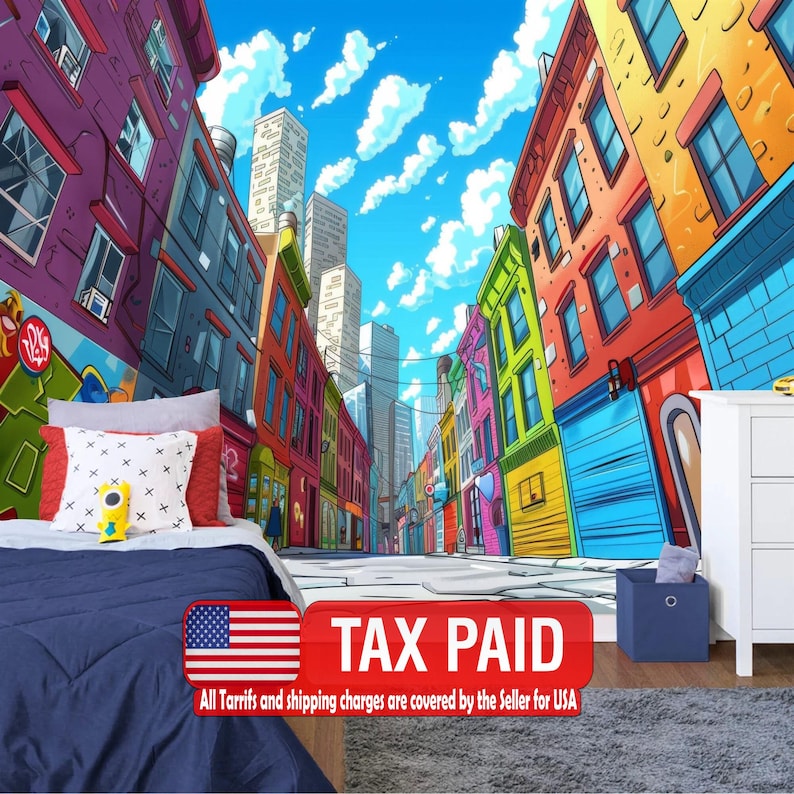 Cartoon City Streets Wallpaper Mural, Kids Room Decor wallpaper mural showing the full design clearly for modern interior wa