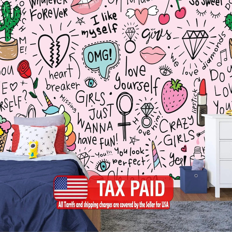 Pink Doodle Girls Room Wallpaper Mural, Unicorn Art Print