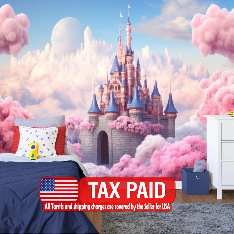 Pink Princess Castle Wall Mural, Kids Fantasy Art wallpaper mural showing the full design clearly for modern interior wall d
