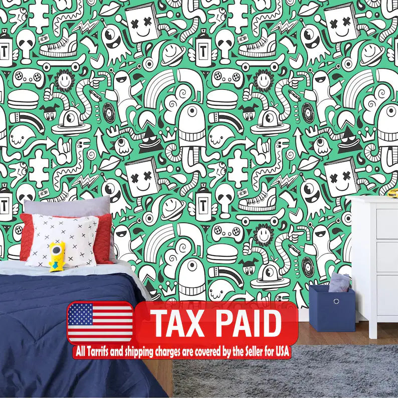 Black & White Doodle Wallpaper Mural, Kids Room Decor wallpaper mural showing the full design clearly for modern interior wa