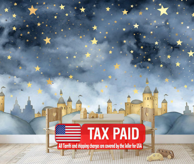 Watercolor Fairytale Castle Wallpaper Mural, Starry Sky wallpaper mural showing the full design clearly for modern interior 