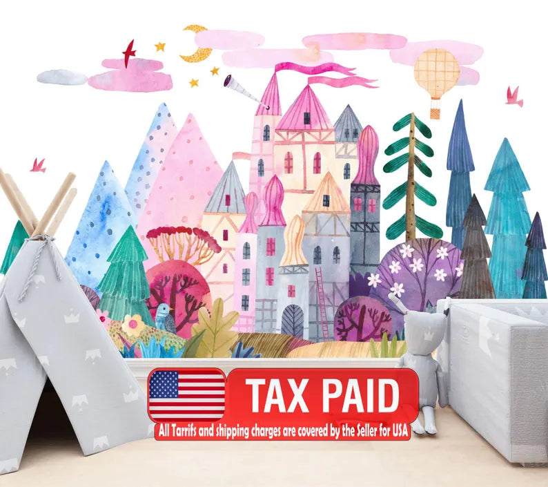 Watercolor fairytale castle wallpaper mural with pink and purple towers in dreamy pastel colors for kids nursery
