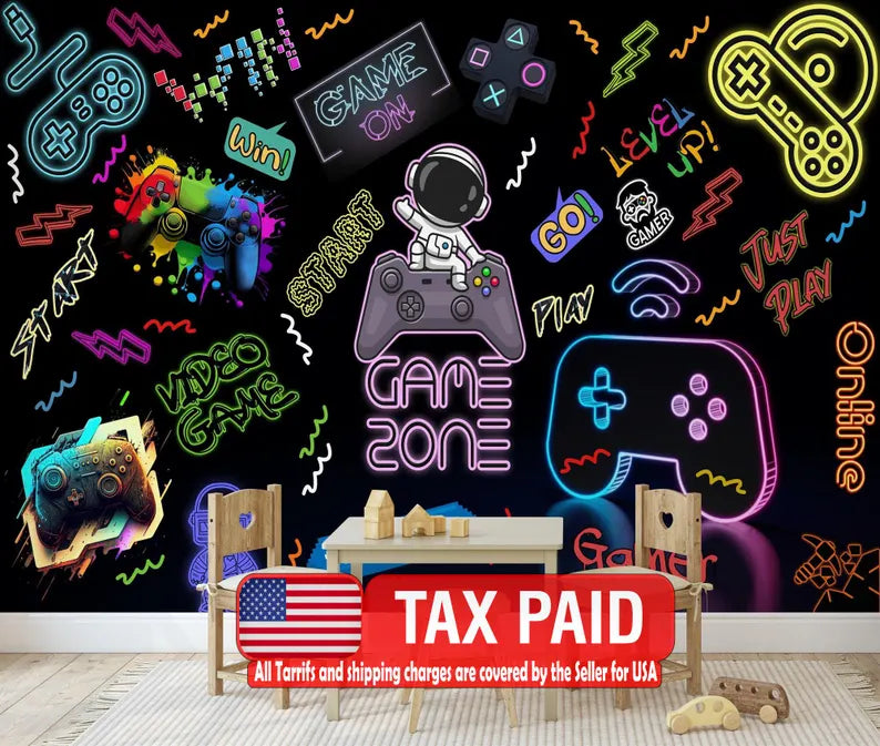 Gaming Room Wallpaper Mural, Neon Gamepad Design