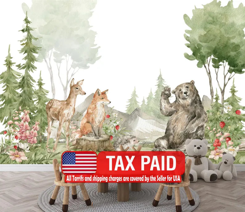Watercolor Forest Animal Wallpaper Mural Art Print