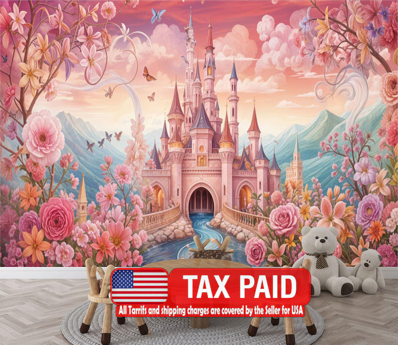 Pink Princess Castle Wallpaper Mural, Girls' Room Decor