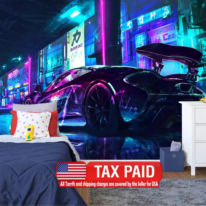Cyberpunk Speed Car Wall Mural, Boys Room