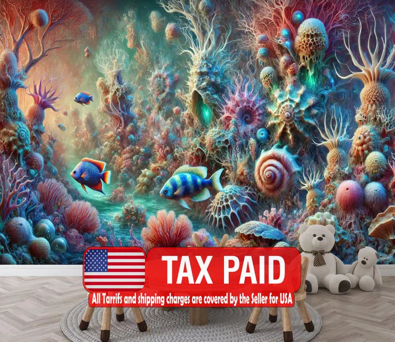 Underwater coral reef wall mural featuring vibrant tropical fish and colorful coral formations for home decor
