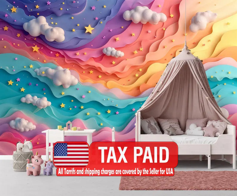 Rainbow Cloud Nursery Wallpaper Mural, Pastel Home Decor