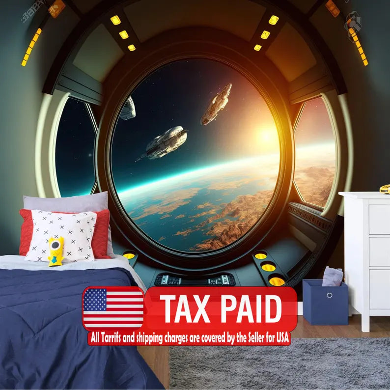 Spaceship Window View Wall Mural, Outer Space Kids Room Decor