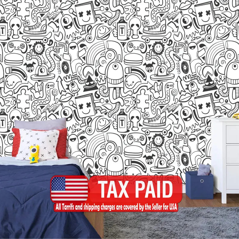 Black and White Doodle Wall Mural, Art Print