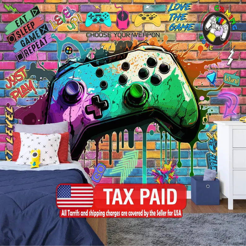 Gaming Room Wallpaper Mural, Graffiti Art Print