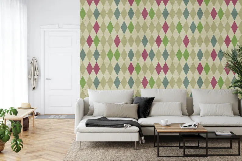 70s Geometric Wallpaper Mural: Retro Diamond Pattern