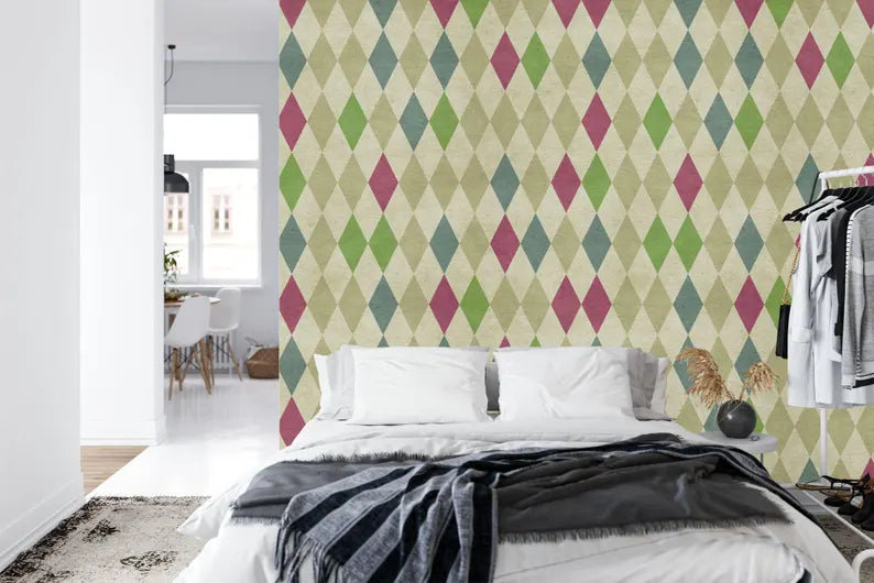 70s Geometric Wallpaper Mural: Retro Diamond Pattern