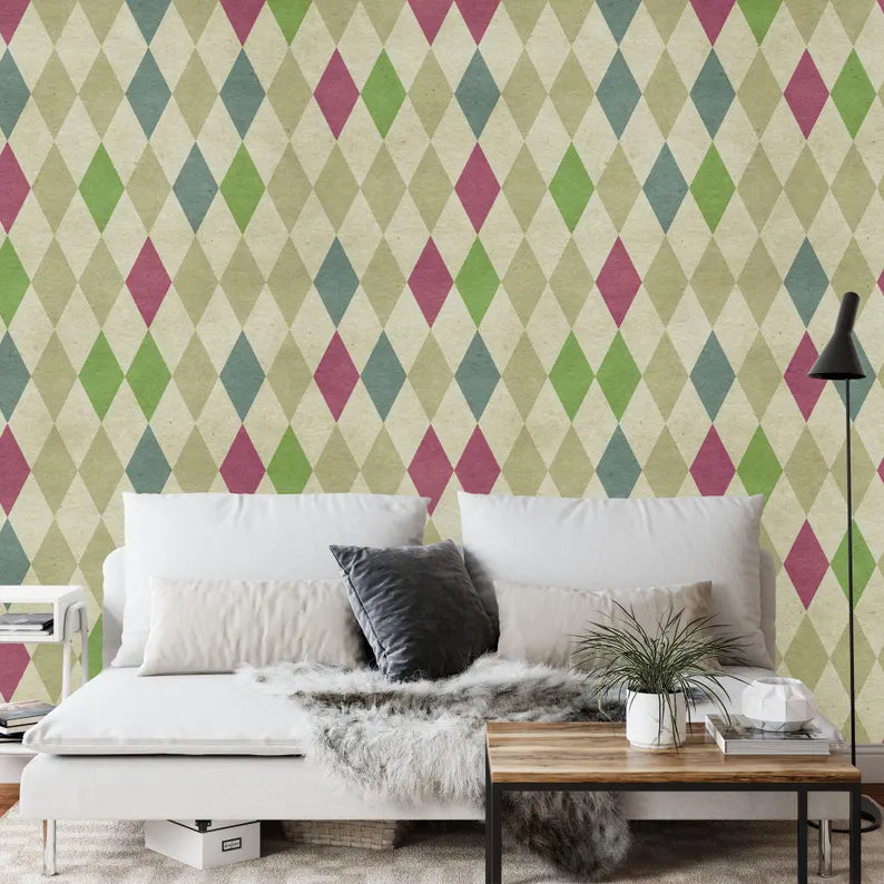70s Geometric Wallpaper Mural: Retro Diamond Pattern
