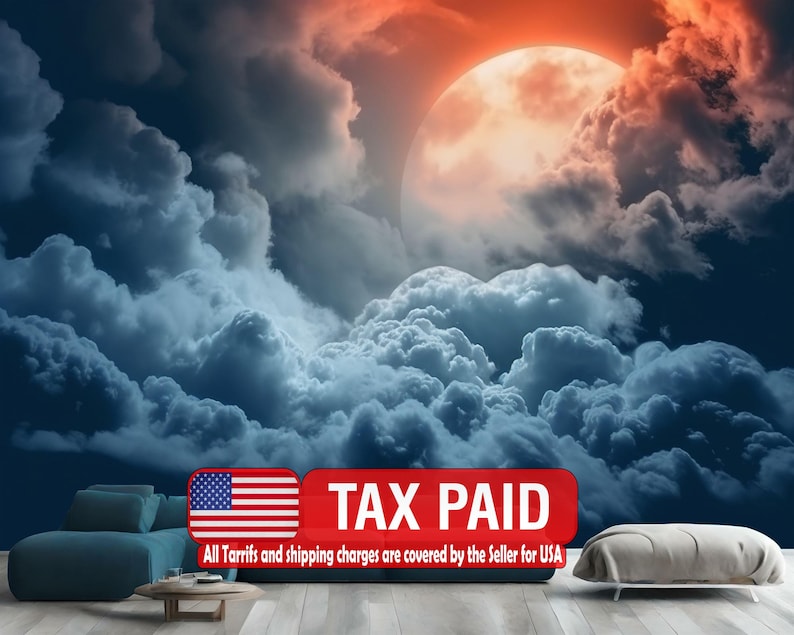 Full Moon & Clouds Wall Mural, Art , Gift Wallpaper wallpaper mural showing the full design clearly for modern interior wall