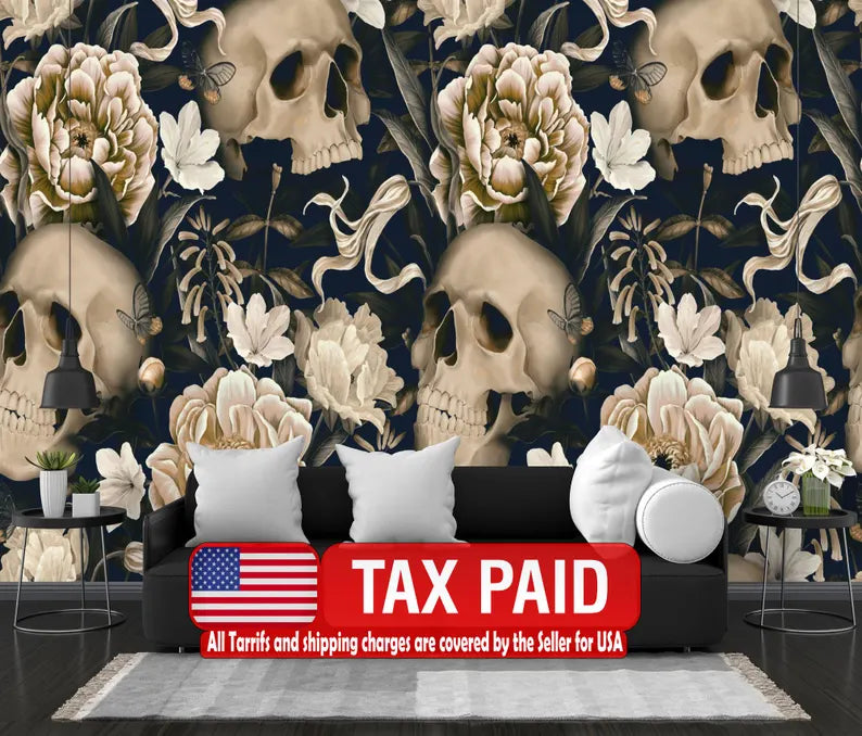 Gothic Floral Skull Wallpaper Mural - Dark Botanical