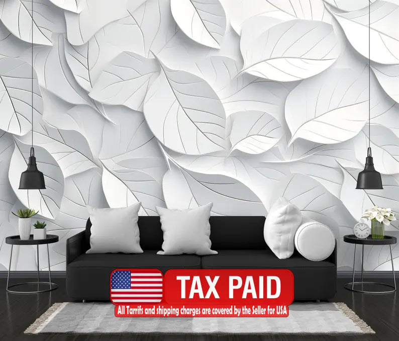 White Geometric Leaves 3D Wallpaper, Easy Install