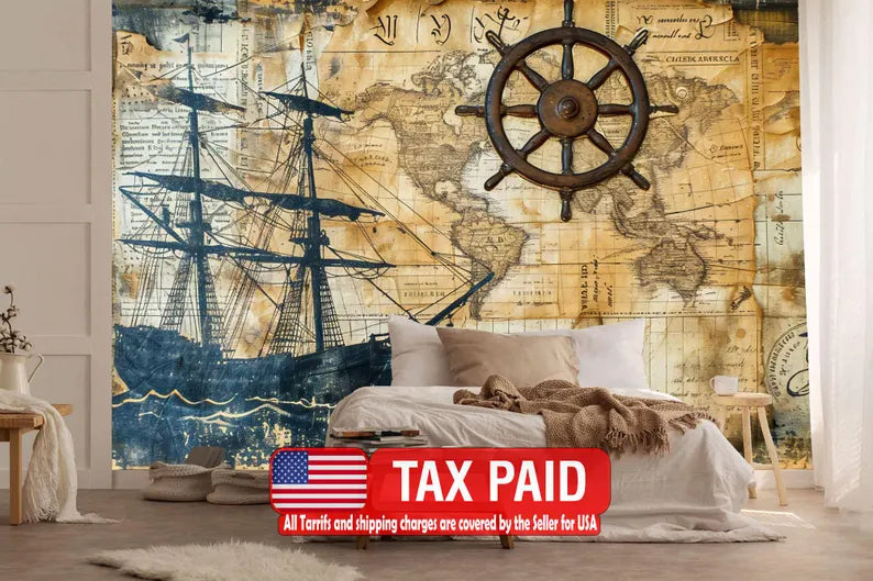 Nautical Map Wallpaper Mural Captain's Log Art Print