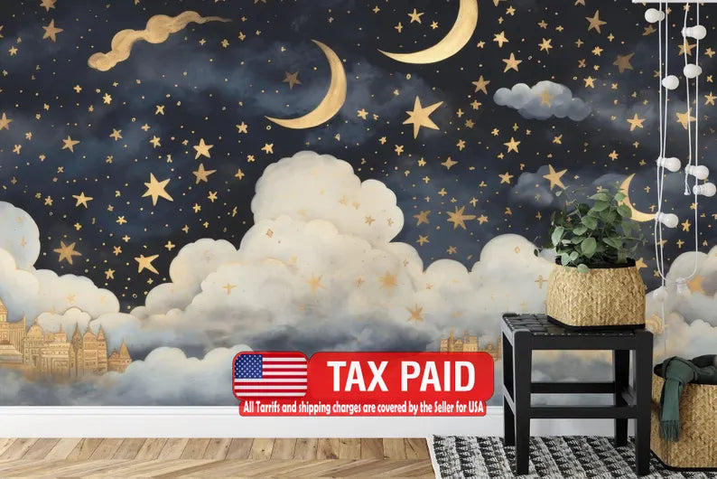 Gold Starry Night Sky Wallpaper Mural wallpaper mural showing the full design clearly for modern interior wall decor with ri