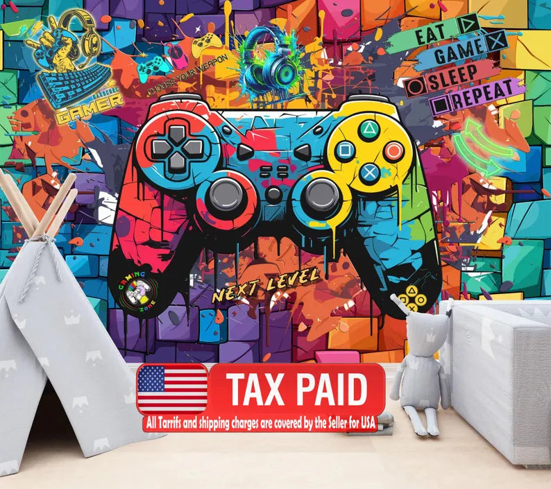 Gaming Kids Room Wallpaper Mural, Game Controller Art Print