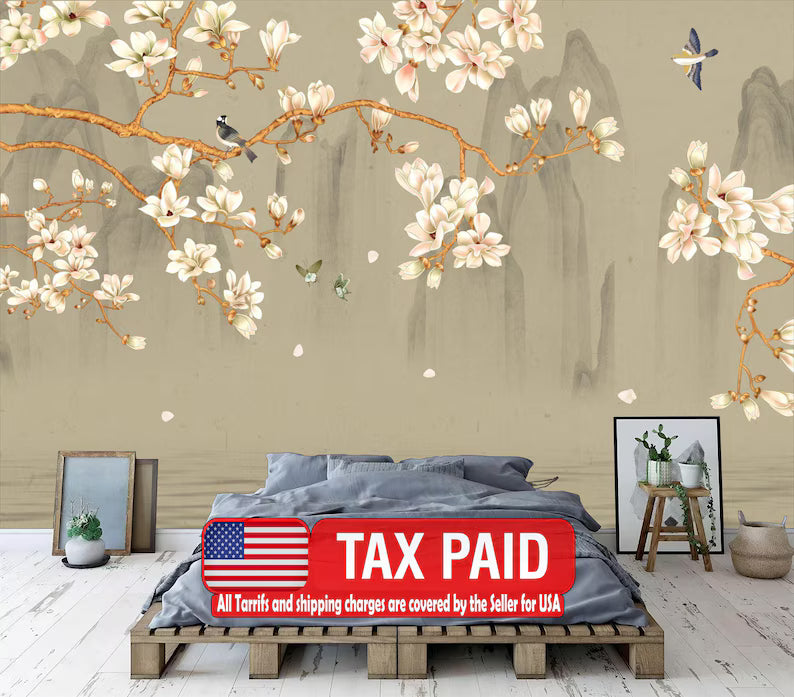 Chinoiserie Wallpaper Birds and Blossom Flowers Mural