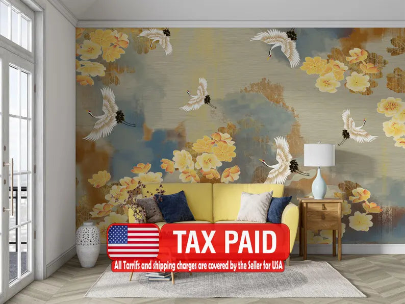 Chinoiserie flying cranes wallpaper with elegant birds soaring among delicate branches and blossoms on a soft background