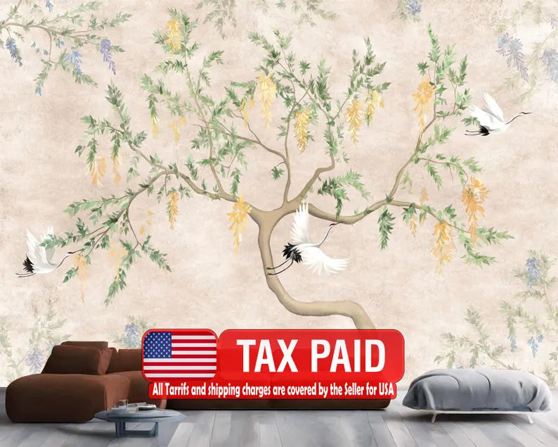 Chinoiserie Crane and Blossom Wallpaper Mural