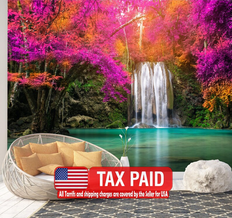 Colorful Waterfall Flowers Wallpaper Mural Art Print
