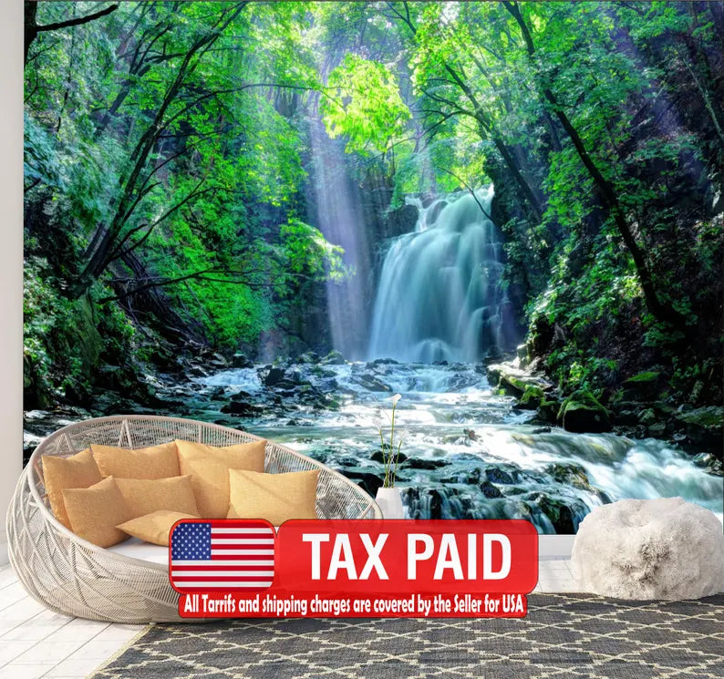 Waterfall Forest Wall Mural, Nature View Wallpaper