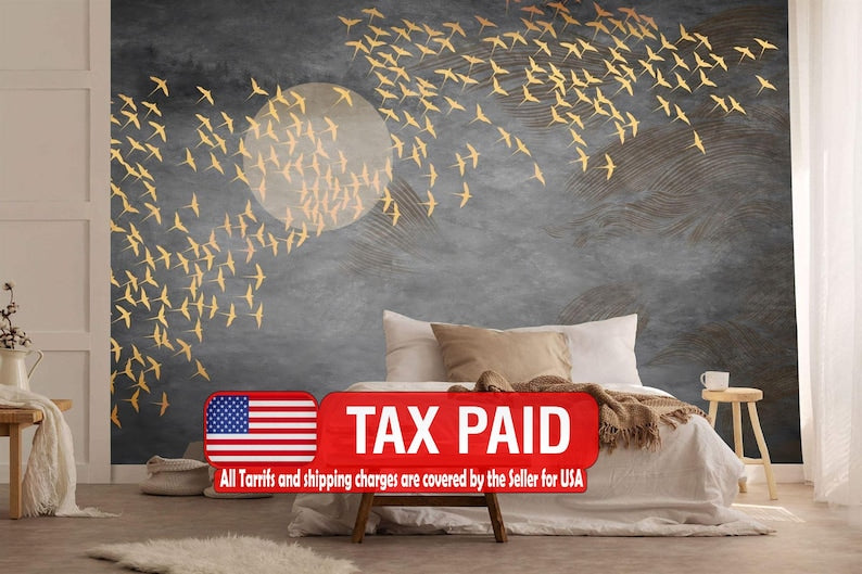 Japanese Gold Birds Wall Mural, Peel and Stick Wallpaper wallpaper mural showing the full design clearly for modern interior