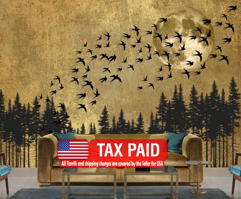 Japanese Moon Forest Birds Art Print Wallpaper Mural