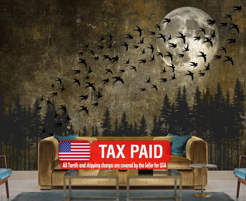 Japanese Moon Forest Birds Wallpaper Mural