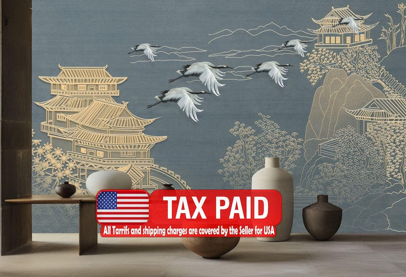 Japanese Chinoiserie Flying Cranes Wallpaper Mural
